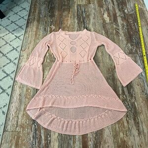 Vintage Pink Crocheted Dress Bell Sleeves Drawstring Waist One Size